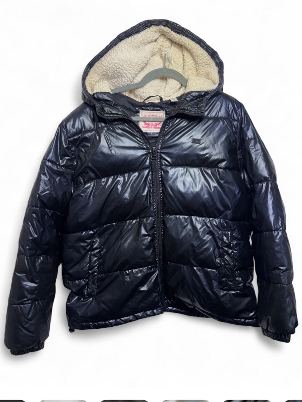 Levi's High Shine Black Hooded Puffer Jacket Large Sherpa Hood